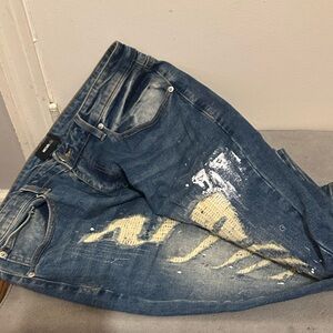 Relaxed-Fit Blue Distressed Paint-Accent Jeans
